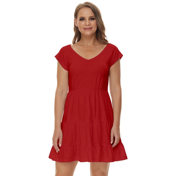 Crimson Red	 - 	Short Sleeve Tiered Mini Dress