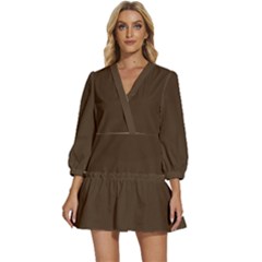 Cafe Noir Brown	 - 	v-neck Placket Mini Dress