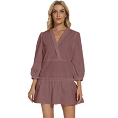 Rose Taupe Brown	 - 	v-neck Placket Mini Dress