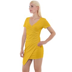 Mikado Yellow	 - 	short Sleeve Asymmetric Mini Dress by ColorfulDresses