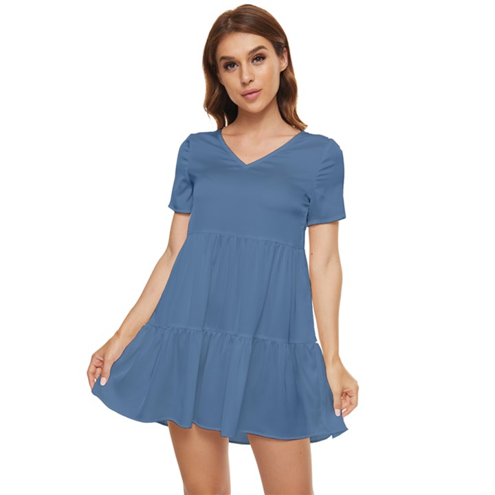 Queen Blue	 - 	Tiered Short Sleeve Babydoll Dress