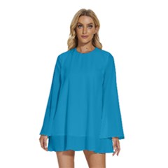 Cerulean Blue	 - 	round Neck Long Sleeve Bohemian Style Chiffon Mini Dress