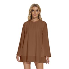 Caramel Cafe Brown	 - 	round Neck Long Sleeve Bohemian Style Chiffon Mini Dress by ColorfulDresses