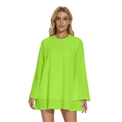 Chartreuse Green	 - 	round Neck Long Sleeve Bohemian Style Chiffon Mini Dress