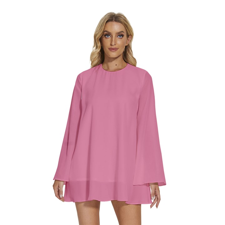 Aurora Pink	 - 	Round Neck Long Sleeve Bohemian Style Chiffon Mini Dress