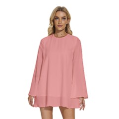 Candlelight Peach Pink	 - 	round Neck Long Sleeve Bohemian Style Chiffon Mini Dress