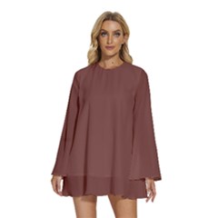 Bole Brown	 - 	round Neck Long Sleeve Bohemian Style Chiffon Mini Dress