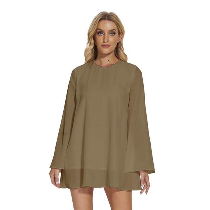 Dull Gold	 - 	Round Neck Long Sleeve Bohemian Style Chiffon Mini Dress