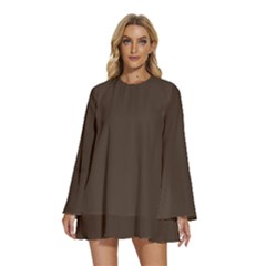 Espresso Brown	 - 	round Neck Long Sleeve Bohemian Style Chiffon Mini Dress