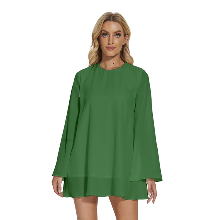 Medium Forest Green	 - 	Round Neck Long Sleeve Bohemian Style Chiffon Mini Dress