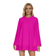 Fashion Fuchsia Pink	 - 	round Neck Long Sleeve Bohemian Style Chiffon Mini Dress