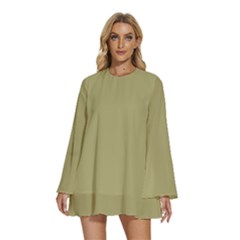 Khaki	 - 	round Neck Long Sleeve Bohemian Style Chiffon Mini Dress