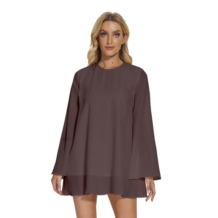 Granite Brown	 - 	Round Neck Long Sleeve Bohemian Style Chiffon Mini Dress