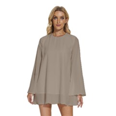 Grullo Brown	 - 	round Neck Long Sleeve Bohemian Style Chiffon Mini Dress