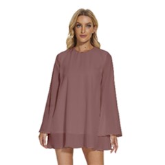 Rose Taupe Brown	 - 	round Neck Long Sleeve Bohemian Style Chiffon Mini Dress