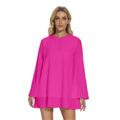 Persian Rose Pink	 - 	round Neck Long Sleeve Bohemian Style Chiffon Mini Dress