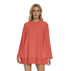 Fire Opal Red	 - 	round Neck Long Sleeve Bohemian Style Chiffon Mini Dress