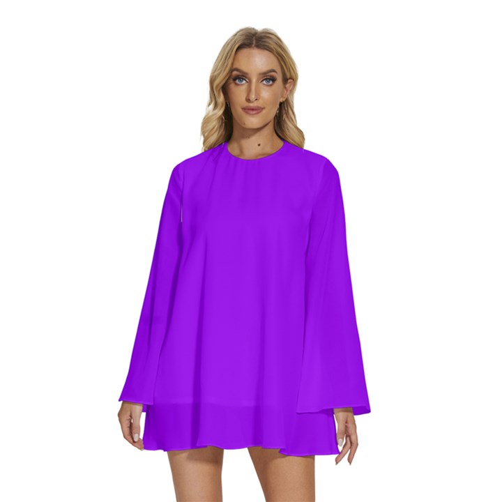 Vivid Violet Purple	 - 	Round Neck Long Sleeve Bohemian Style Chiffon Mini Dress