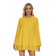 Sunglow Yellow	 - 	round Neck Long Sleeve Bohemian Style Chiffon Mini Dress