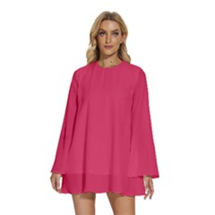 Cerise Pink	 - 	round Neck Long Sleeve Bohemian Style Chiffon Mini Dress