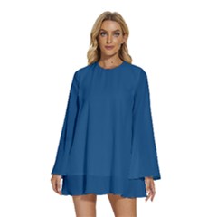 Classic Blue	 - 	round Neck Long Sleeve Bohemian Style Chiffon Mini Dress