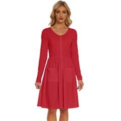 Amaranth Red	 - 	long Sleeve Dress With Pockets by ColorfulDresses