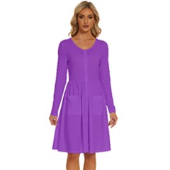 Purple Flower	 - 	long Sleeve Dress With Pockets