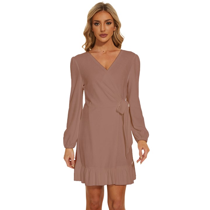 Blast Off Bronze Brown	 - 	Long Sleeve Waist Tie Ruffle Velvet Dress