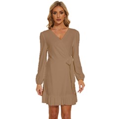 Cafe Au Lait Brown	 - 	long Sleeve Waist Tie Ruffle Velvet Dress by ColorfulDresses