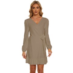 Beaver Brown	 - 	long Sleeve Waist Tie Ruffle Velvet Dress