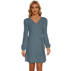 Dark Electric Grey	 - 	long Sleeve Waist Tie Ruffle Velvet Dress