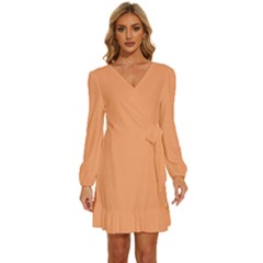 Cantaloupe Orange	 - 	long Sleeve Waist Tie Ruffle Velvet Dress