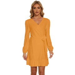 Deep Saffron Orange	 - 	long Sleeve Waist Tie Ruffle Velvet Dress by ColorfulDresses