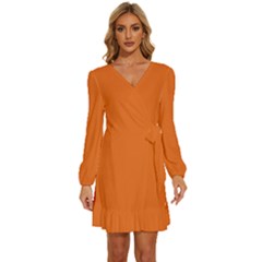 Dark Papaya Orange	 - 	long Sleeve Waist Tie Ruffle Velvet Dress