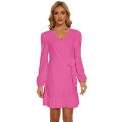 Bubble Gum Pink	 - 	Long Sleeve Waist Tie Ruffle Velvet Dress