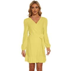 Blonde Yellow	 - 	long Sleeve Waist Tie Ruffle Velvet Dress