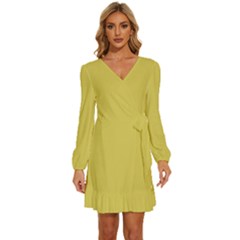 Ceylon Yellow	 - 	long Sleeve Waist Tie Ruffle Velvet Dress