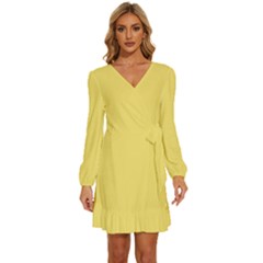 Laguna Yellow	 - 	long Sleeve Waist Tie Ruffle Velvet Dress