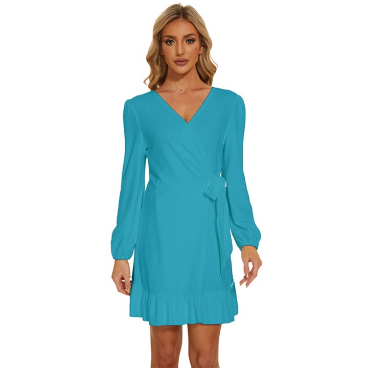 Pacific Blue	 - 	Long Sleeve Waist Tie Ruffle Velvet Dress