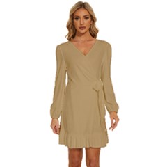 Desert Brown	 - 	long Sleeve Waist Tie Ruffle Velvet Dress