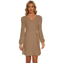 French Beige	 - 	long Sleeve Waist Tie Ruffle Velvet Dress by ColorfulDresses