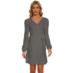 Dolphin Grey	 - 	long Sleeve Waist Tie Ruffle Velvet Dress