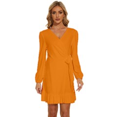 Heat Wave Orange	 - 	long Sleeve Waist Tie Ruffle Velvet Dress