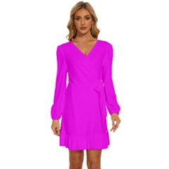 Fuchsia Pink	 - 	long Sleeve Waist Tie Ruffle Velvet Dress