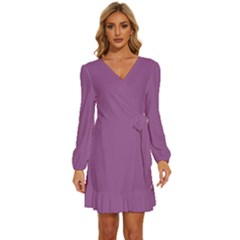 Hyacinth Violet Purple	 - 	long Sleeve Waist Tie Ruffle Velvet Dress