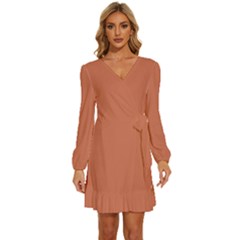 Copper Red	 - 	long Sleeve Waist Tie Ruffle Velvet Dress