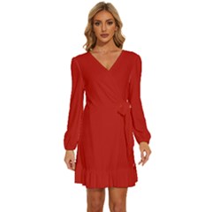 Crimson Red	 - 	long Sleeve Waist Tie Ruffle Velvet Dress