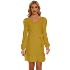 Honey Yellow	 - 	long Sleeve Waist Tie Ruffle Velvet Dress