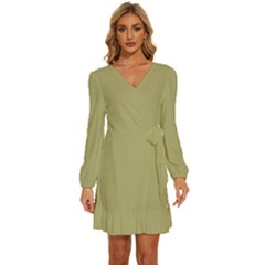 Khaki	 - 	long Sleeve Waist Tie Ruffle Velvet Dress