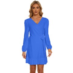 Ribbon Blue	 - 	long Sleeve Waist Tie Ruffle Velvet Dress